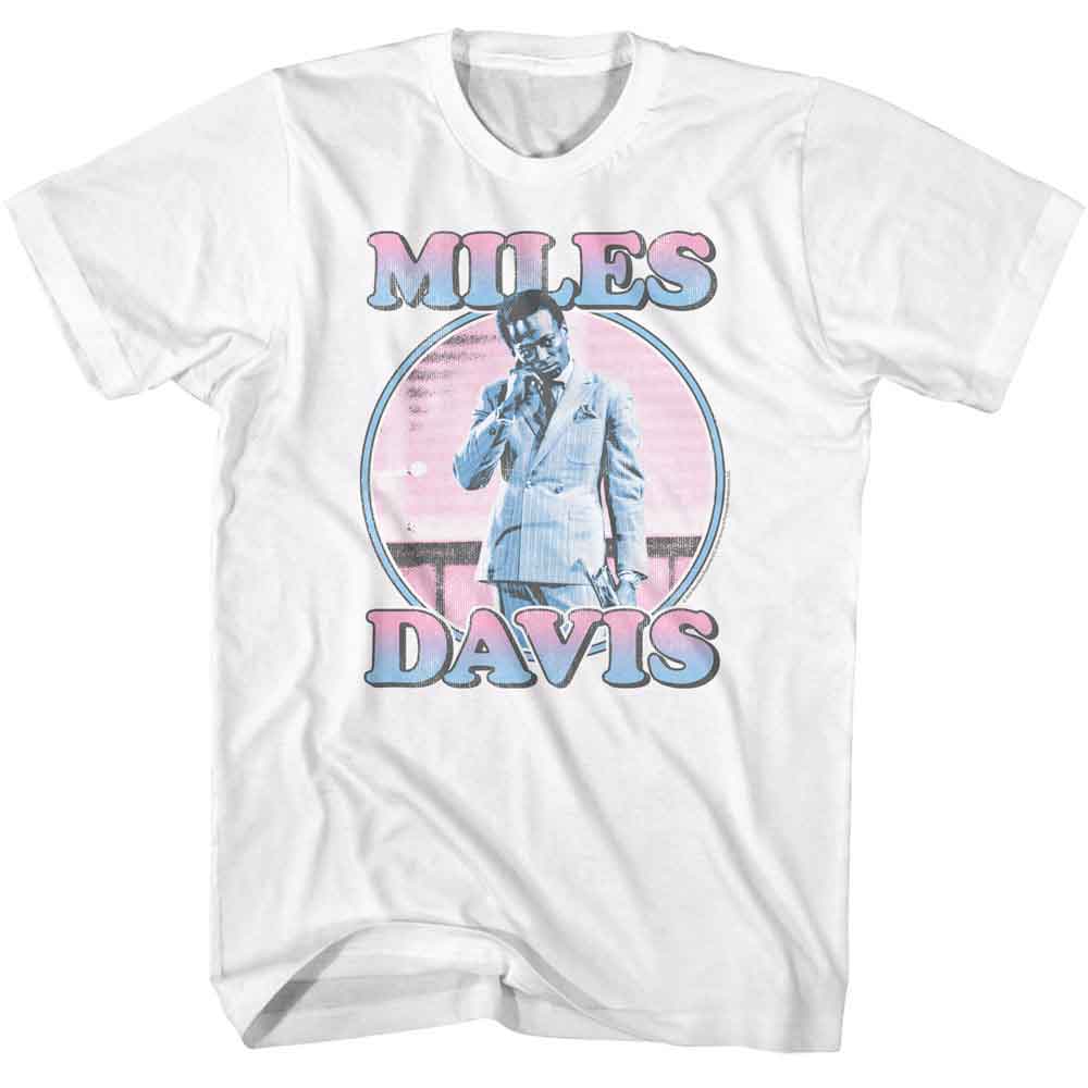 White Miles Davis t-shirt featuring Miles Davis Pastel Gradients design