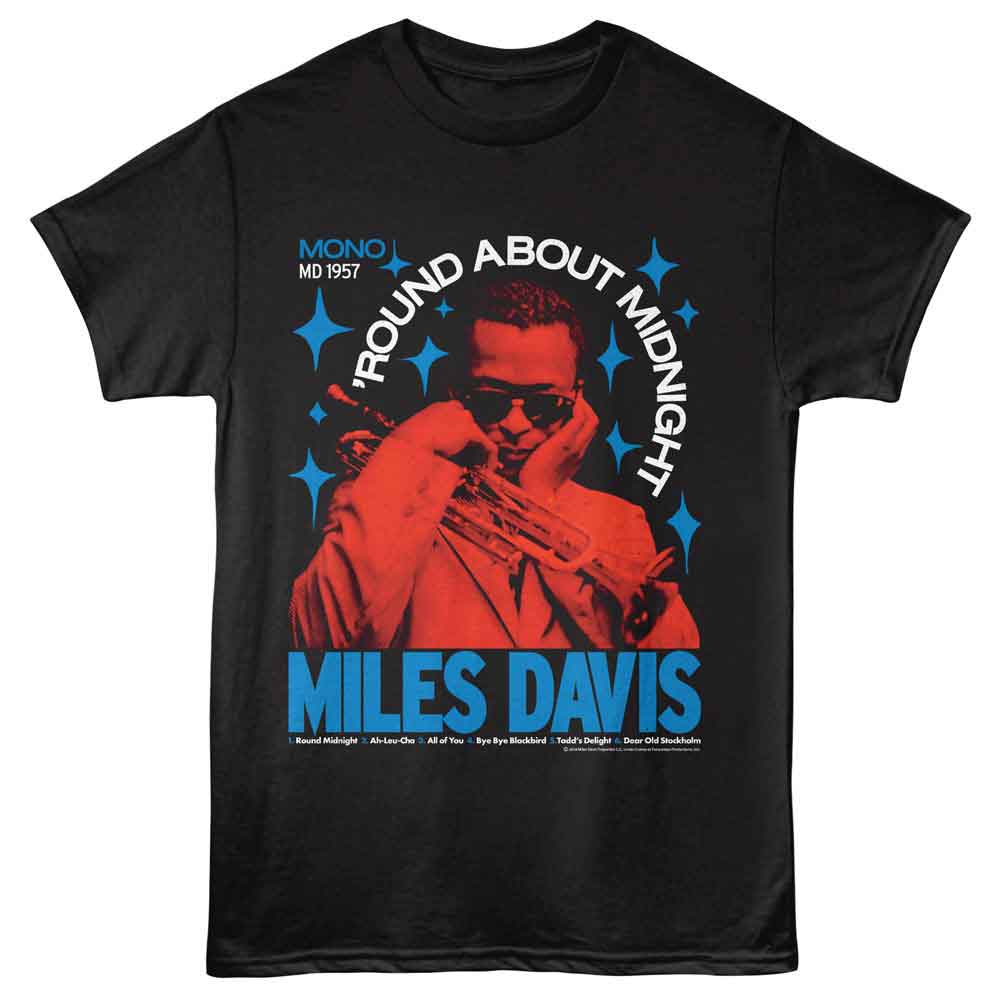 Black Miles Davis t-shirt featuring Miles Davis Round About Midnight 1957 album design