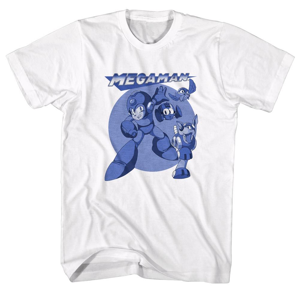 White Mega Man t-shirt featuring Mega Man MegaBlues design