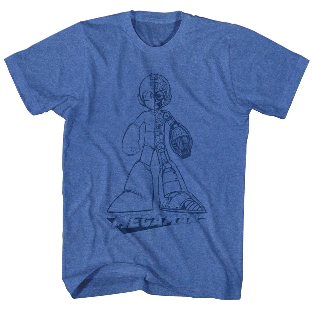 Royal heather Mega Man t-shirt featuring Mega Man Blueprint design