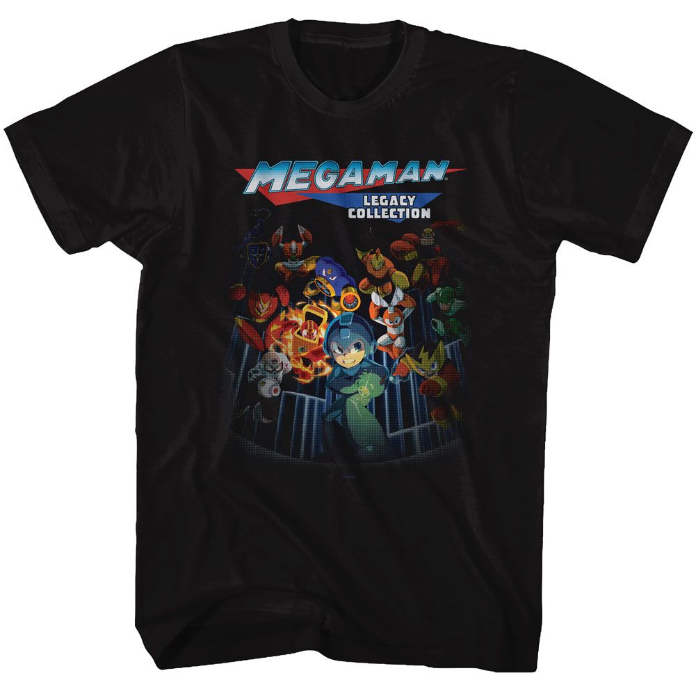 Black Mega Man t-shirt featuring Mega Man Legacy Collection design