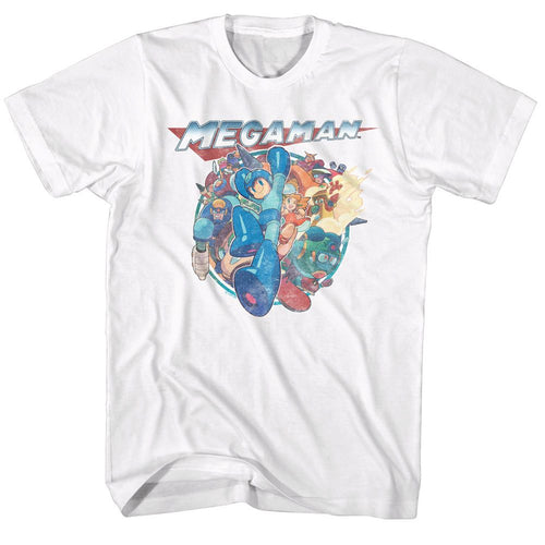 White Mega Man t-shirt featuring Mega Man MegaFriends design