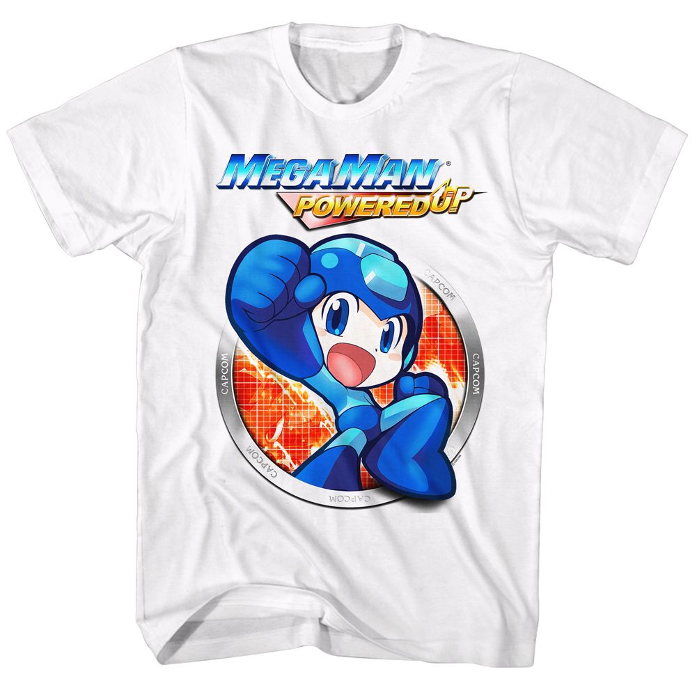 White Mega Man t-shirt featuring Mega Man Powered Up design