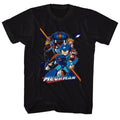 Black Mega Man t-shirt featuring Mega Man Collage Orange Beam design