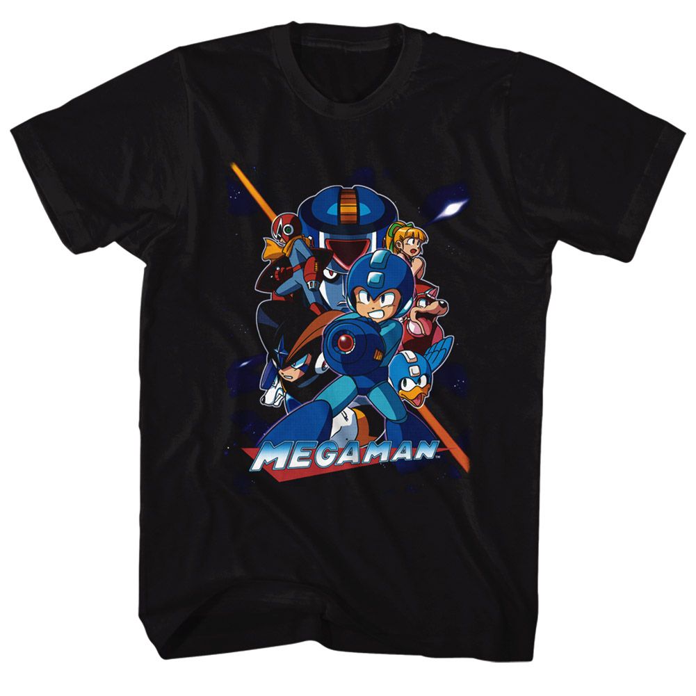 Black Mega Man t-shirt featuring Mega Man Collage Orange Beam design