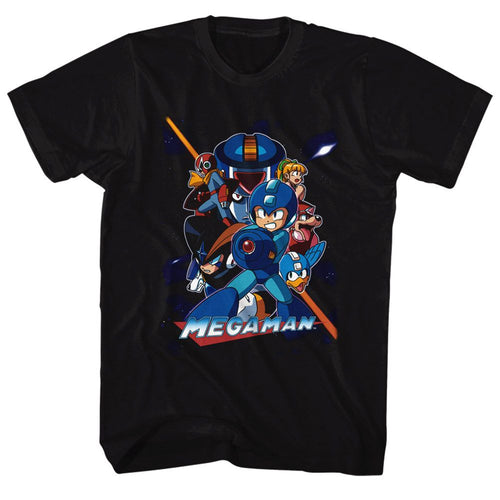 Black Mega Man t-shirt featuring Mega Man Collage Orange Beam design