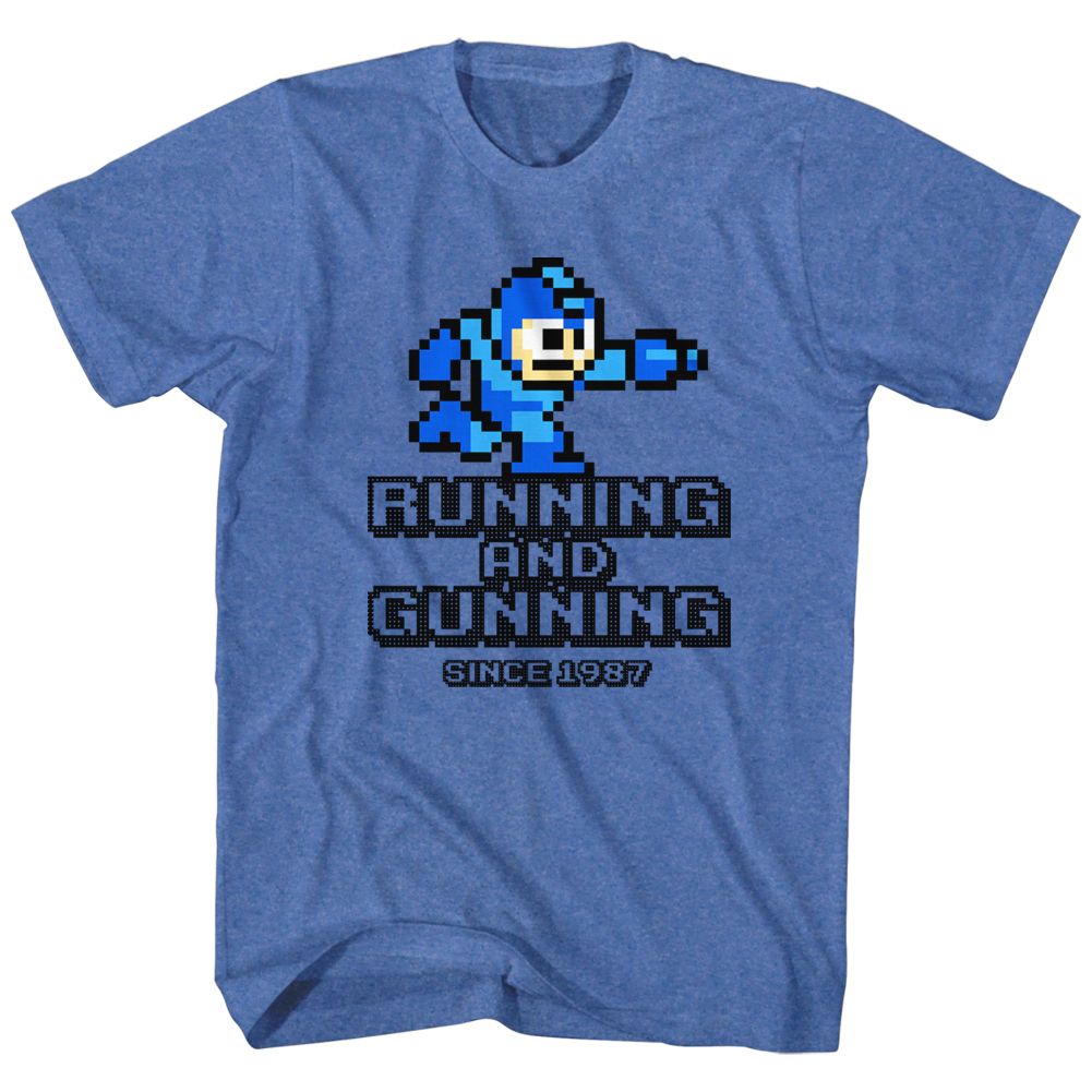 Royal heather Mega Man t-shirt featuring Mega Man Running And Gunning design