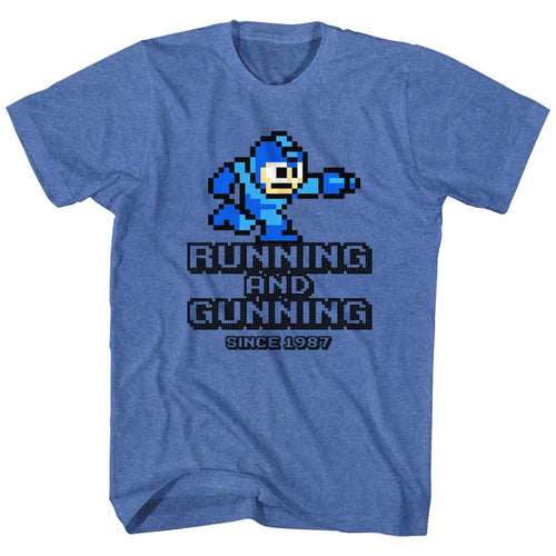 Royal heather Mega Man t-shirt featuring Mega Man Running And Gunning design