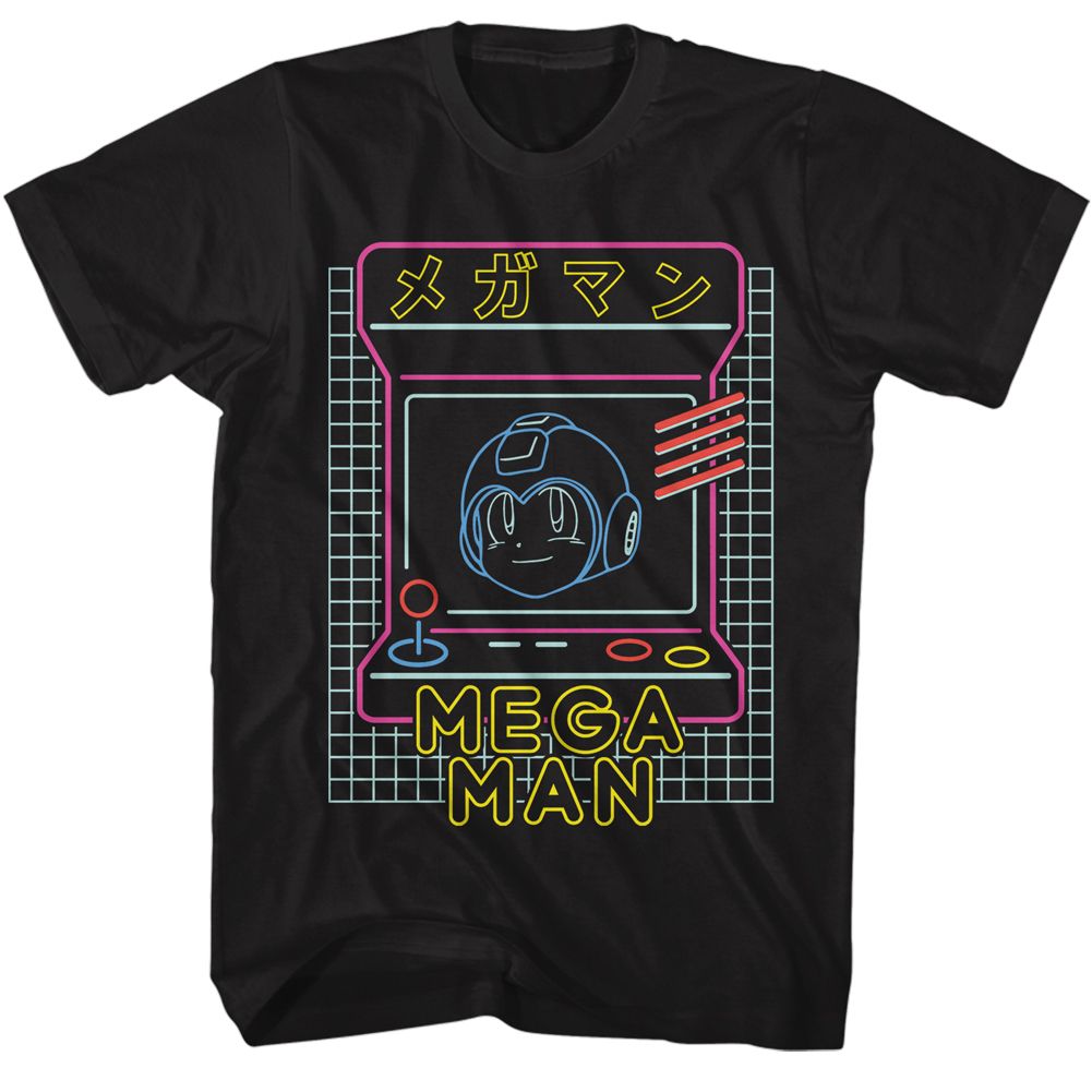 Black Mega Man t-shirt featuring Mega Man Neon Arcade design