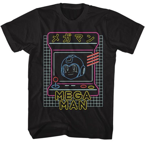 Black Mega Man t-shirt featuring Mega Man Neon Arcade design