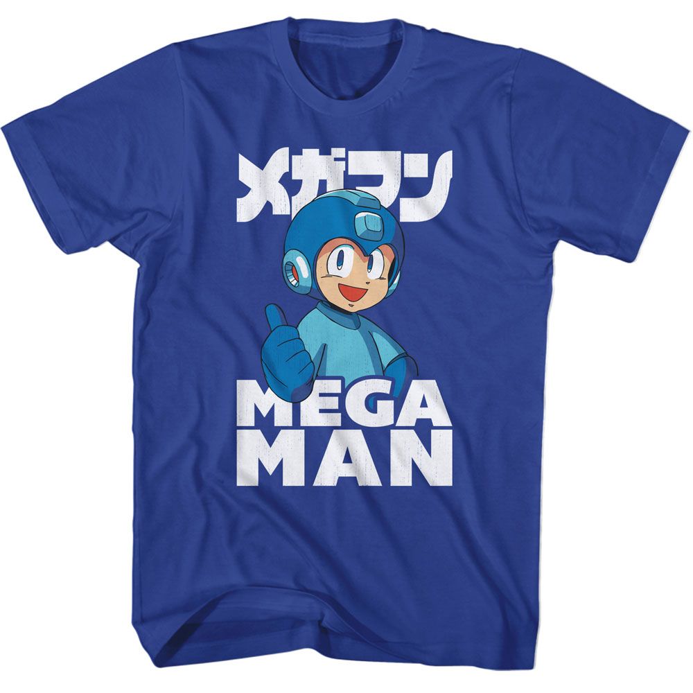 Royal blue Mega Man t-shirt featuring Mega Man Thumbs Up design