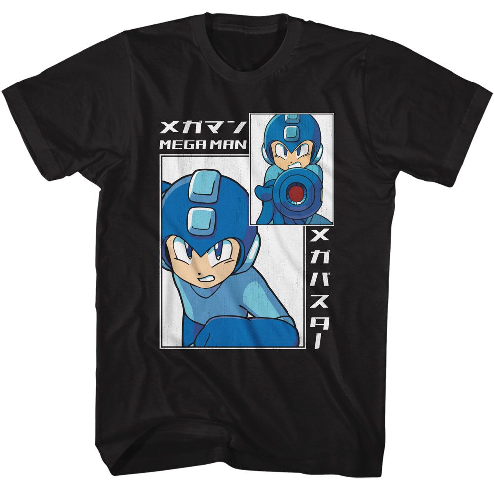 Black Mega Man t-shirt featuring Mega Man Big And Small Rectangle design
