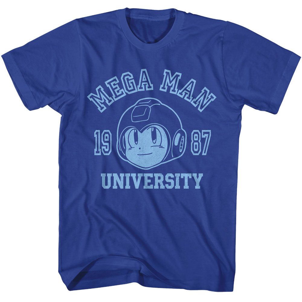 Royal blue Mega Man t-shirt featuring Mega Man Mega University design