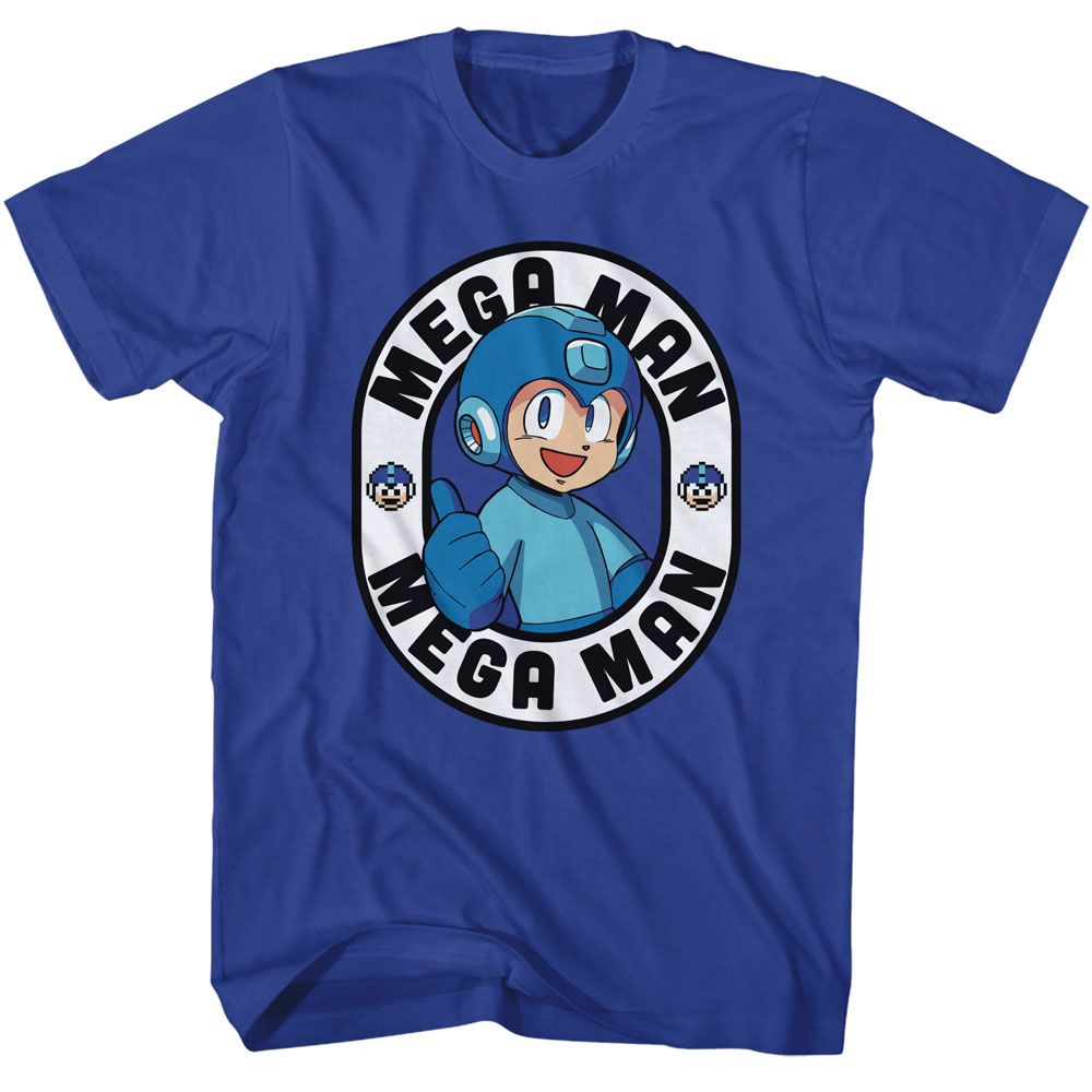 Royal blue Mega Man t-shirt featuring Mega Man Thumbs Up Oval design