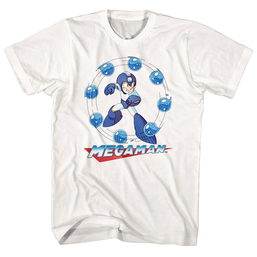 White Mega Man t-shirt featuring Mega Man Water Shield design