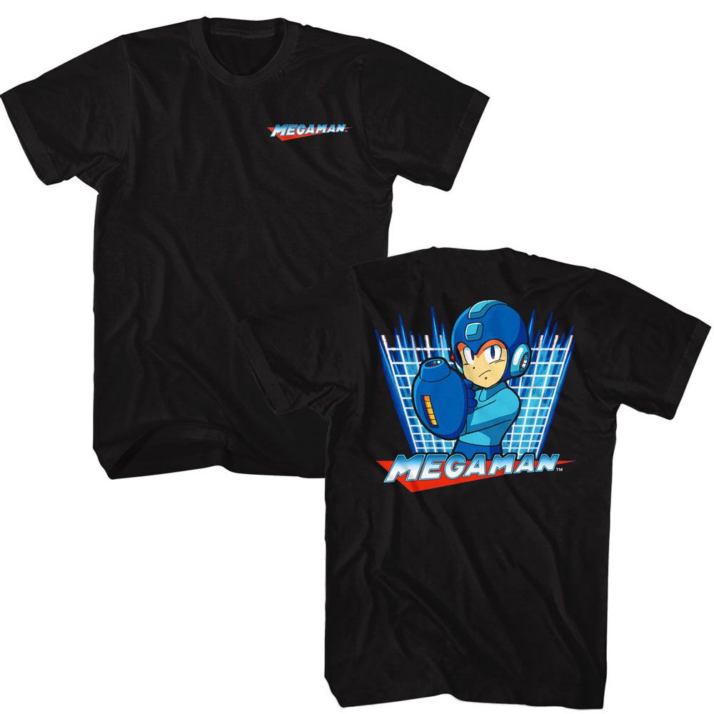 Black Mega Man t-shirt featuring Mega Man Blue Bomber 1 design (front and back)