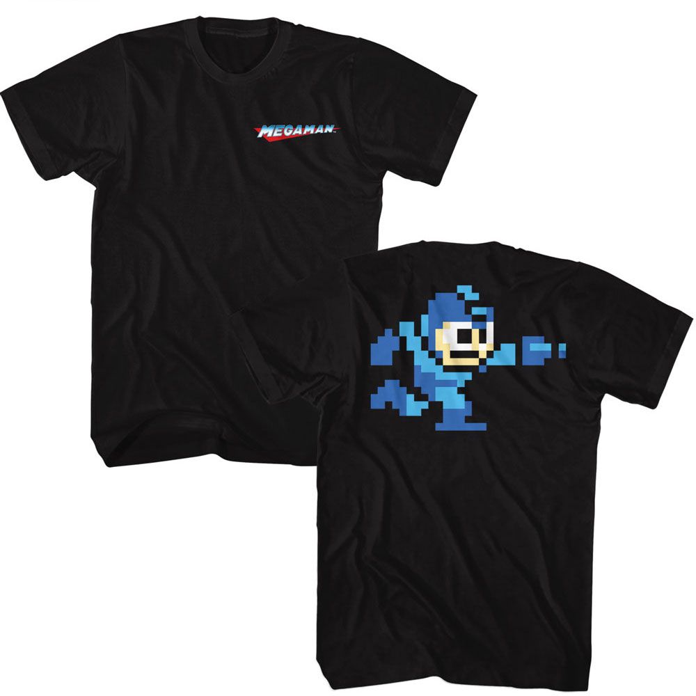 Black Mega Man t-shirt featuring Mega Man Blue Bomber 2 design (front and back)