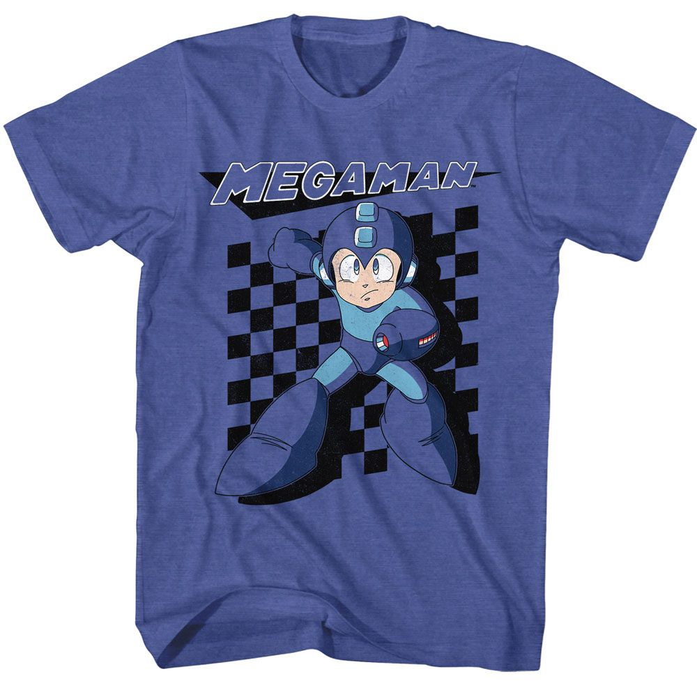 Royal heather Mega Man t-shirt featuring Mega Man Checkered design