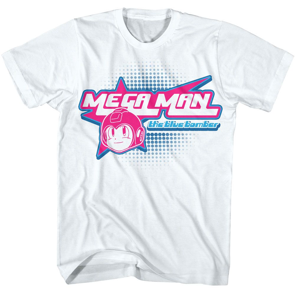 White Mega Man t-shirt featuring Mega Man Y2K Star design