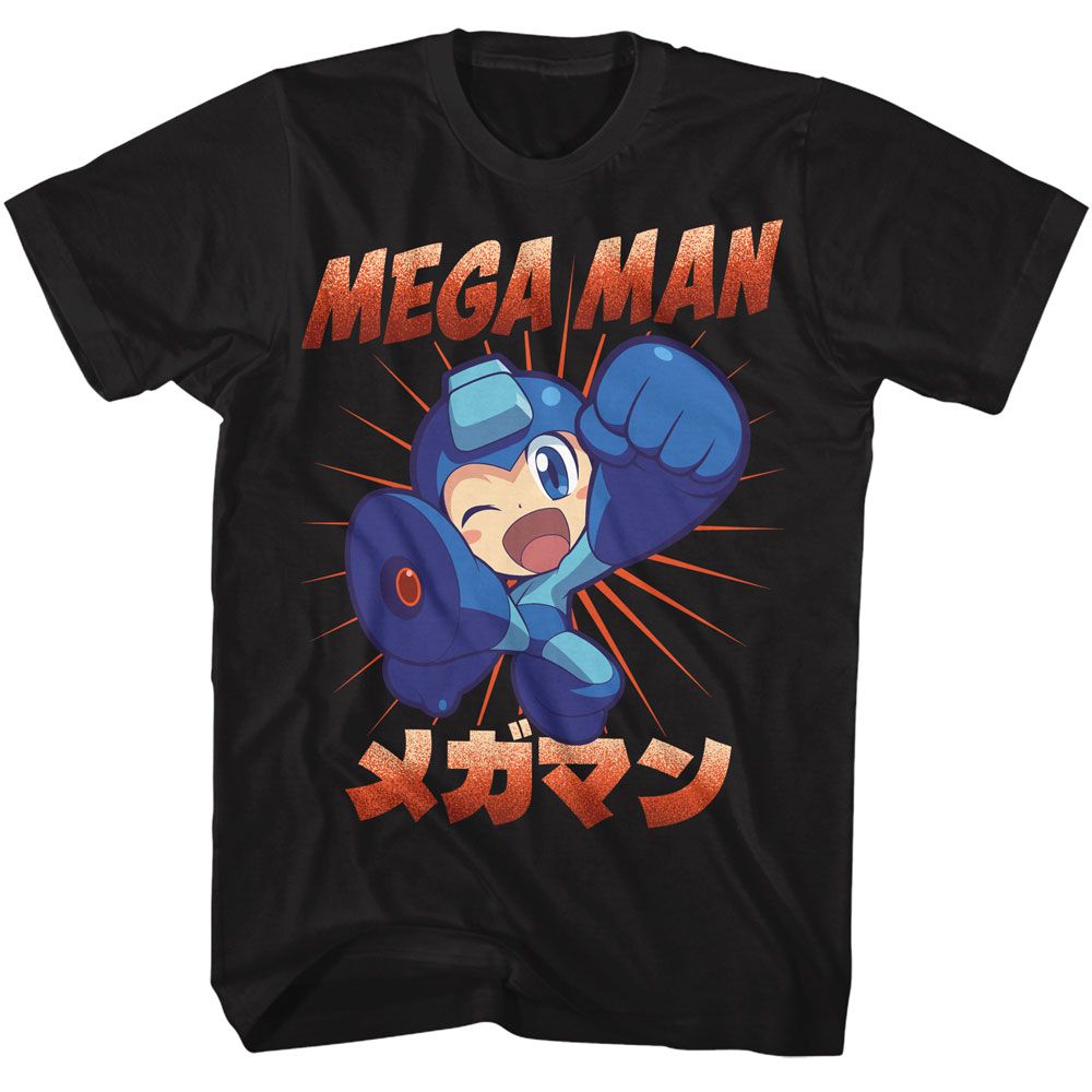Black Mega Man t-shirt featuring Mega Man Mega Kick design