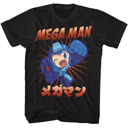 Black Mega Man t-shirt featuring Mega Man Mega Kick design
