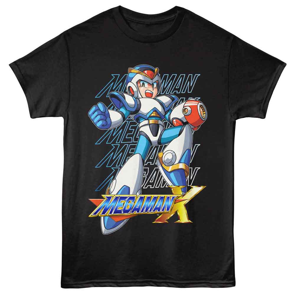 Black Mega Man t-shirt featuring Mega Man Repeat design