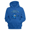 Royal blue Mega Man pullover hoodie featuring a Mega Gunner design