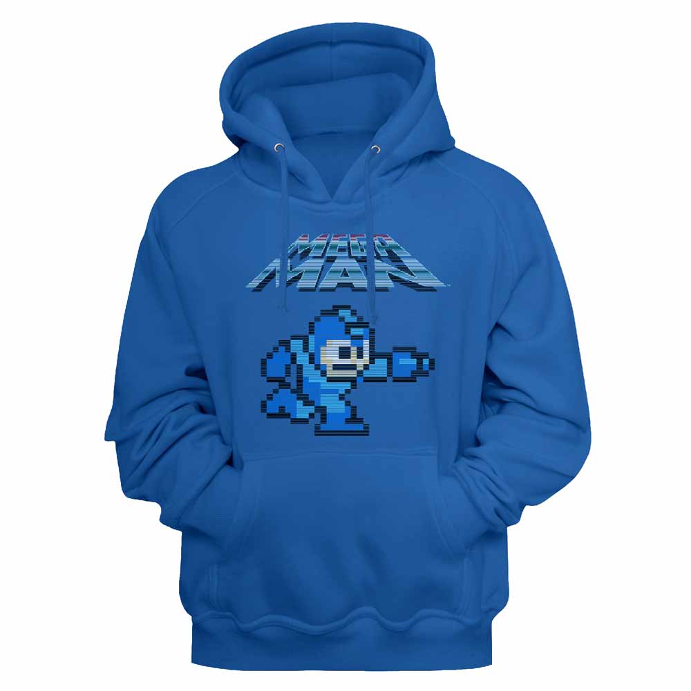 Royal blue Mega Man pullover hoodie featuring a Mega Gunner design