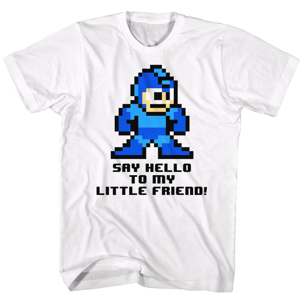 White Mega Man t-shirt featuring Mega Man Say Hello To My Little Friend design
