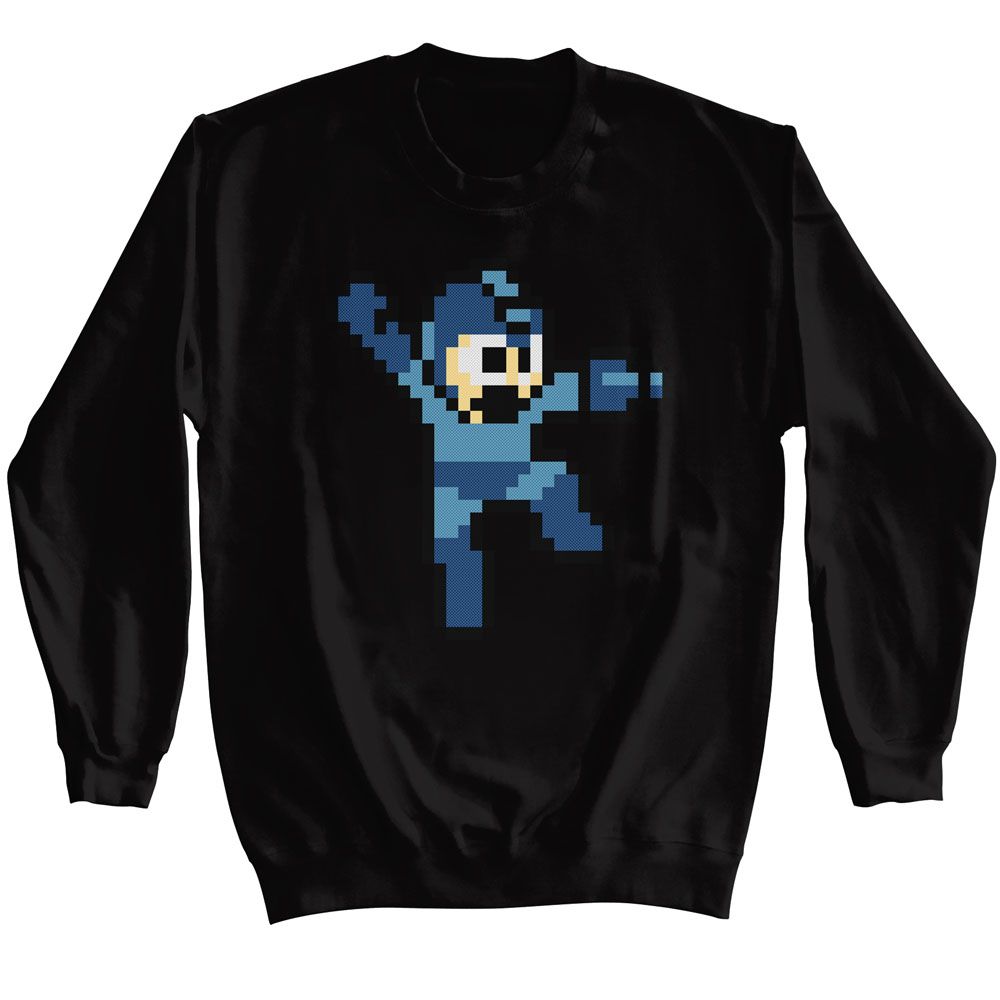 Black Mega Man sweatshirt featuring Mega Man Jumpman action sprite design