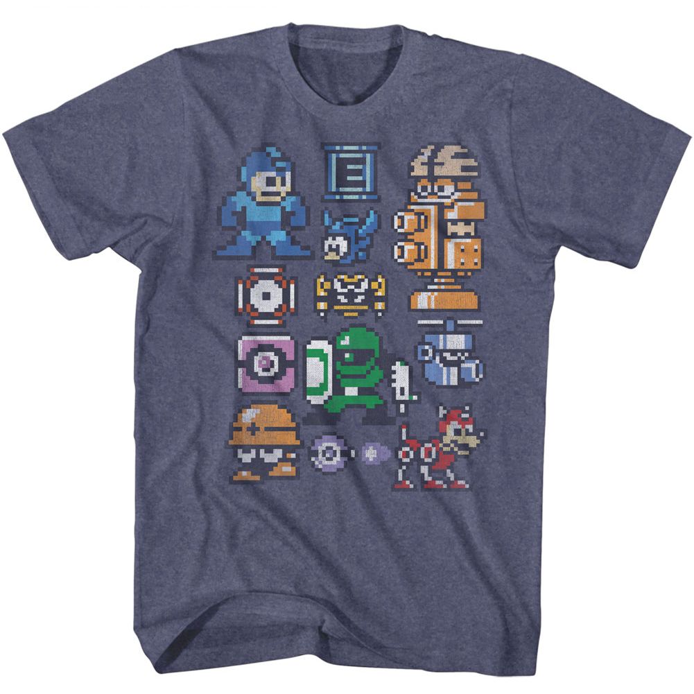 Indigo heather Mega Man t-shirt featuring Mega Man Pixelmans design