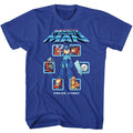 Royal blue Mega Man t-shirt featuring Mega Man MM1 Select Screen Remix design