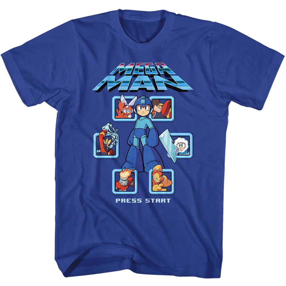 Royal blue Mega Man t-shirt featuring Mega Man MM1 Select Screen Remix design