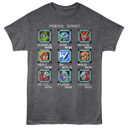 Heather charcoal Mega Man t-shirt featuring Mega Man Stage Select design