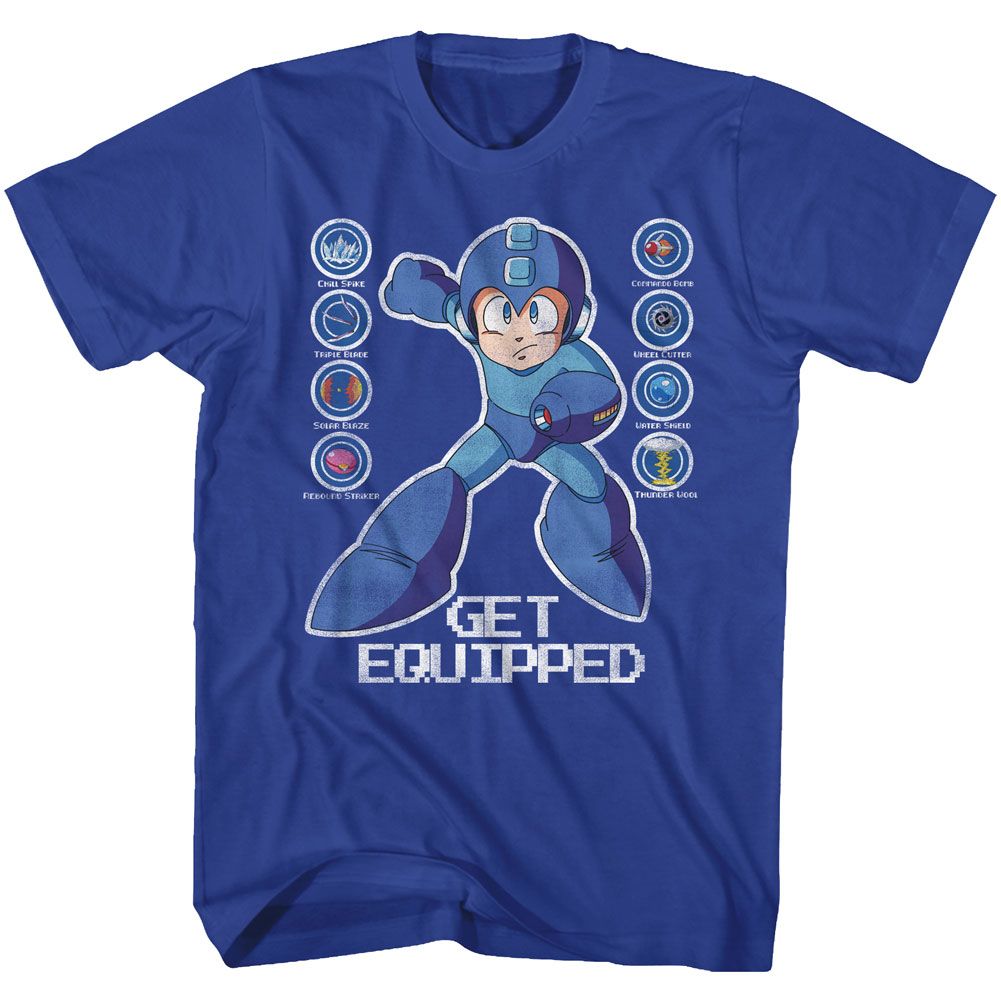 Royal blue Mega Man t-shirt featuring Mega Man Get Equipped design