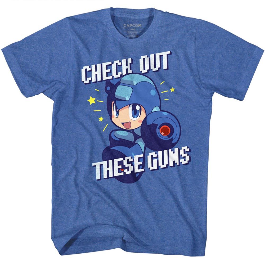 Royal heather Mega Man t-shirt featuring Mega Man Check It Out design