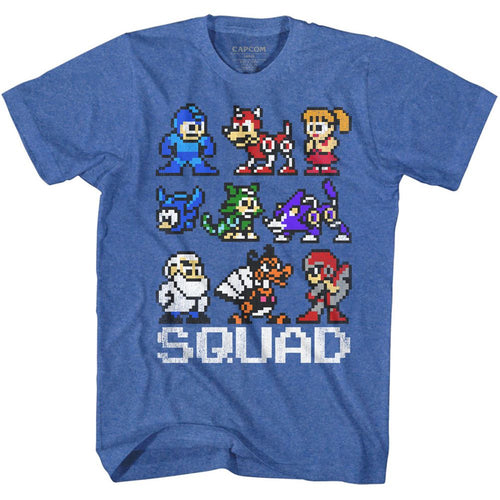 Royal heather Mega Man t-shirt featuring Mega Man Squad design