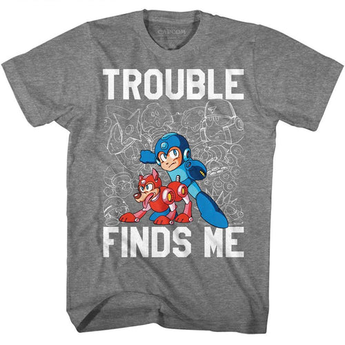 Graphite heather Mega Man t-shirt featuring Mega Man Trouble design