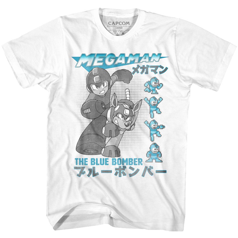 White Mega Man t-shirt featuring Mega Man Blue Bomber design