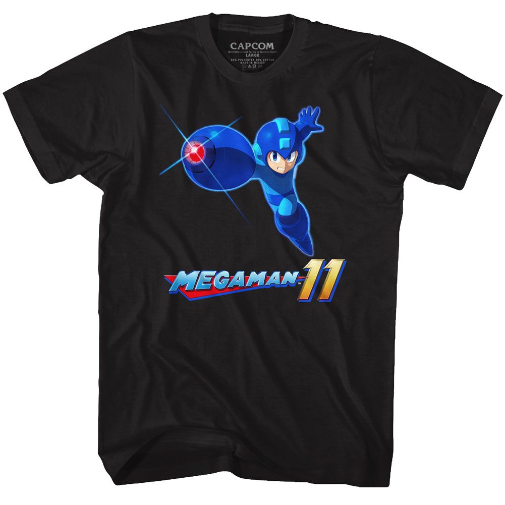 Black Mega Man t-shirt featuring Mega Man 11 2018 game design