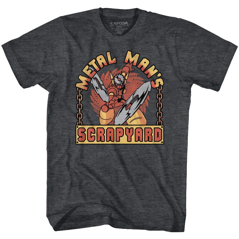 Black heather Mega Man t-shirt featuring Mega Man Scrapyard Sign design