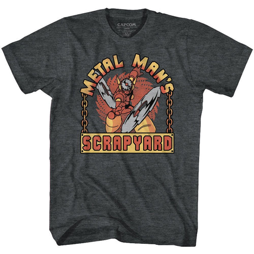 Black heather Mega Man t-shirt featuring Mega Man Scrapyard Sign design