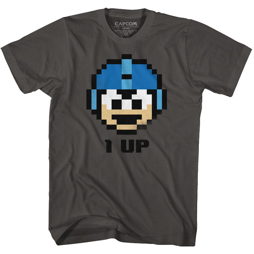 Smoke gray Mega Man t-shirt featuring Mega Man OneUp design
