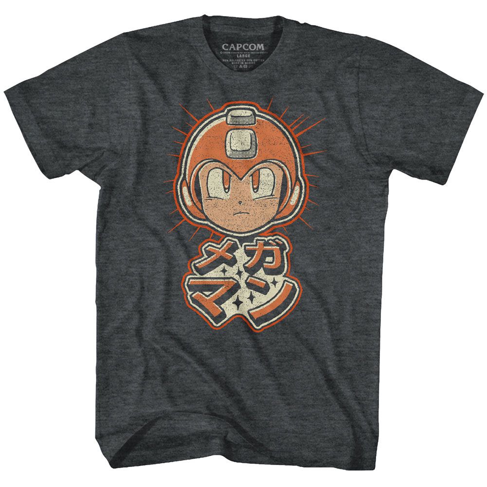 Black heather Mega Man t-shirt featuring Mega Man Mega Retro design