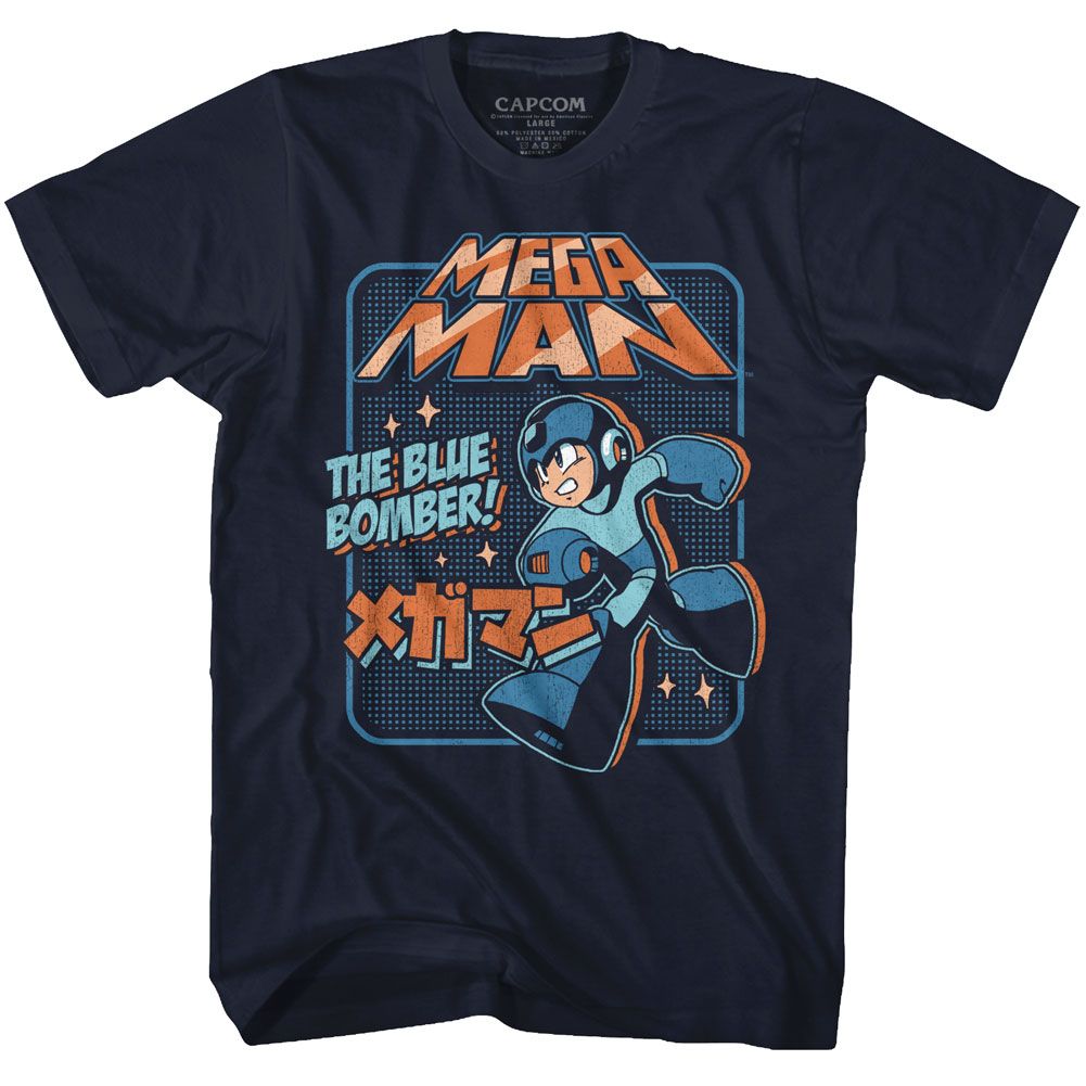 Navy Mega Man t-shirt featuring Mega Man Graphic Blue Bomber design