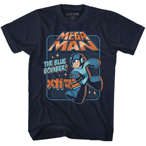 Navy Mega Man t-shirt featuring Mega Man Graphic Blue Bomber design