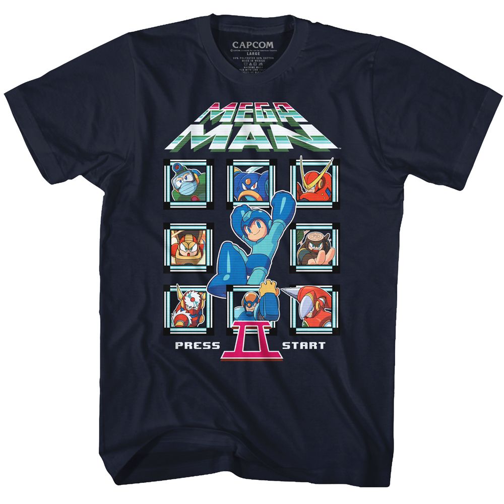 Navy Mega Man t-shirt featuring Mega Man MM2 Crew design