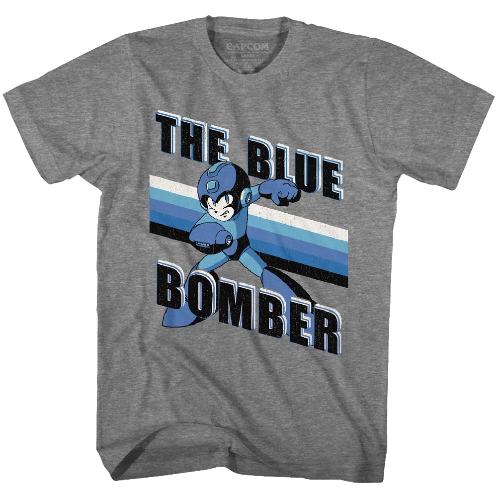 Graphite heather Mega Man t-shirt featuring Mega Man Blue Bomber Stripes design