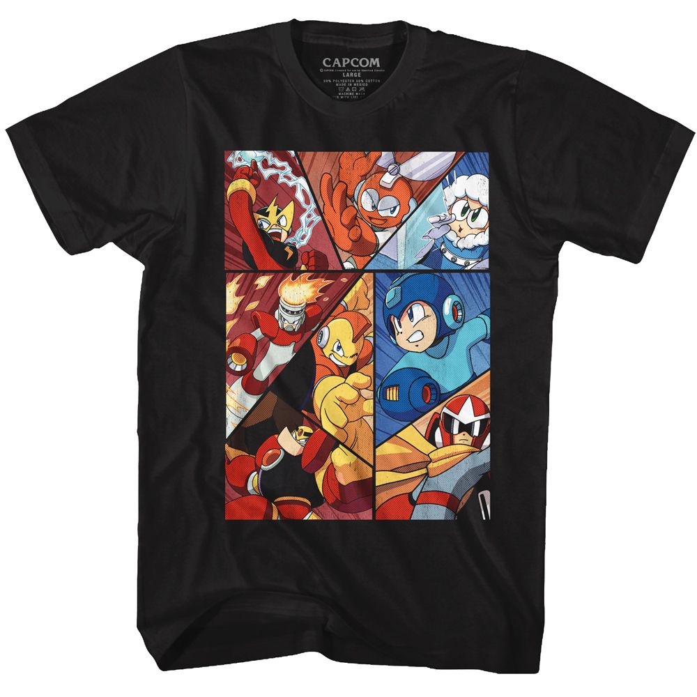 Black Mega Man t-shirt featuring Mega Man Robot Panels design