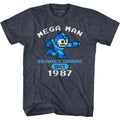 Navy heather Mega Man t-shirt featuring Mega Man Run And Gun 1987 design